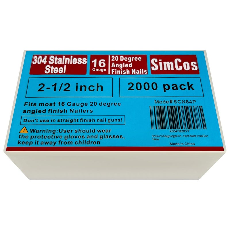 SimCos 16 Gauge Angled Finish Nails 304 Stainless Steel, (1-1/4", 1-1/2", 2", 2-1/2"), 20-Degree,Assorted Size Project Pack for Pneumatic, Electric Finish Nailer or Nail Gun (2-1/2 inch) - Image 1